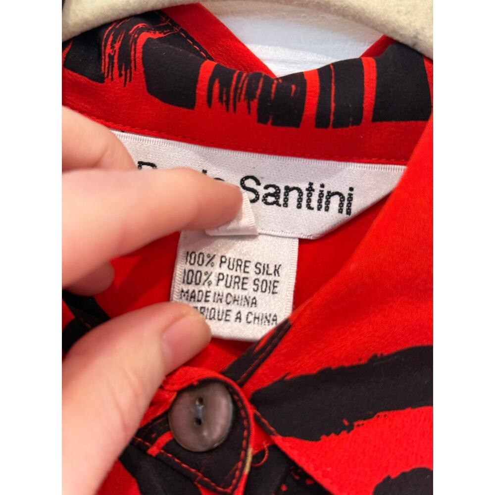 Paolo Santini Vintage Retro Red Black Silk Emu Button Down Top Sz 4 - Picture 4 of 5
